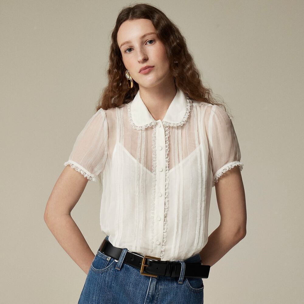 J. Crew Sheer Lace-Trim Button-Up Shirt Short Sleeve Ivory Size 0 NWT